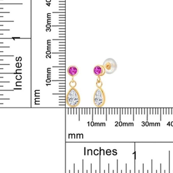 14K Yellow Gold with 1.07 Cttw White Moissanite and Pink Sapphire Post Earrings - Picture 4 of 4